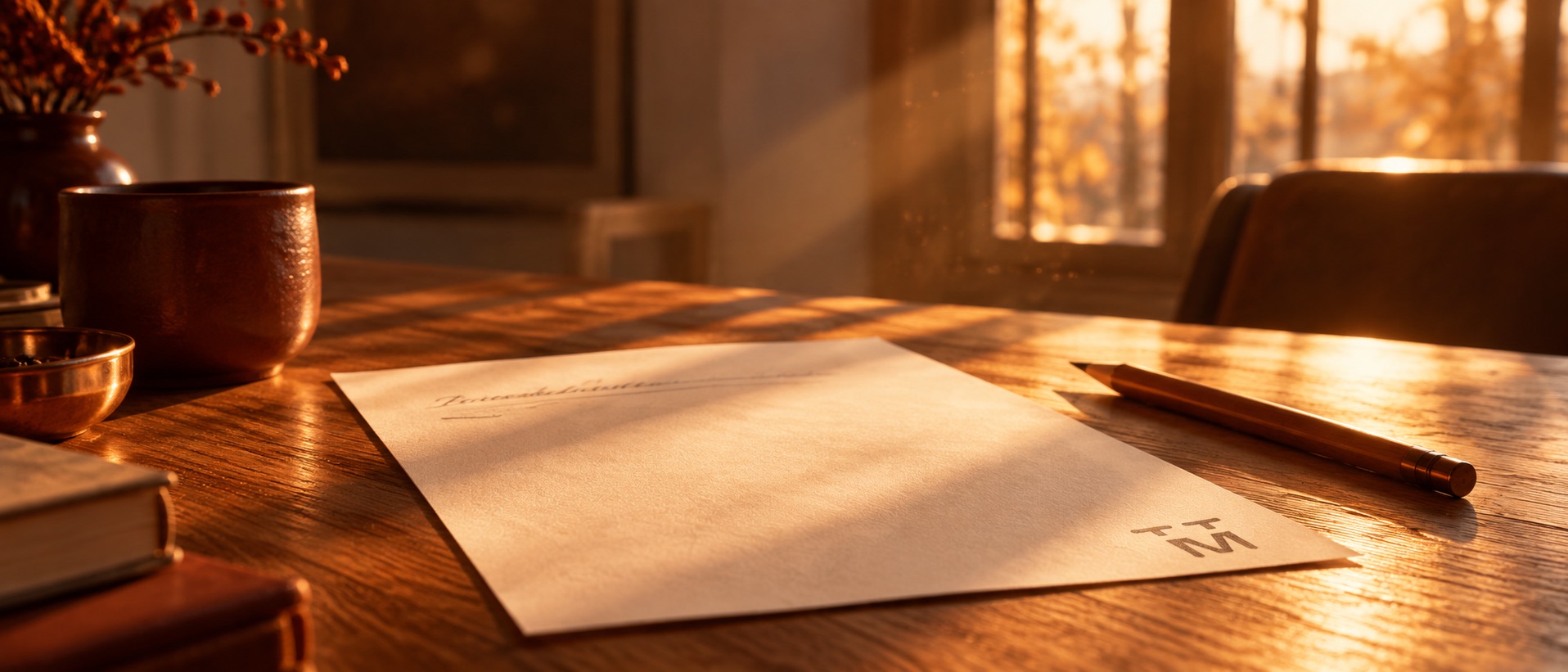 A pencil set down beside a page with one line written and plenty of space left, in late afternoon light
