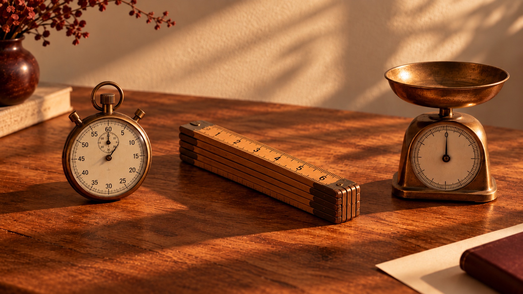 A stopwatch, a folding ruler and a small scale side by side on a wooden desk